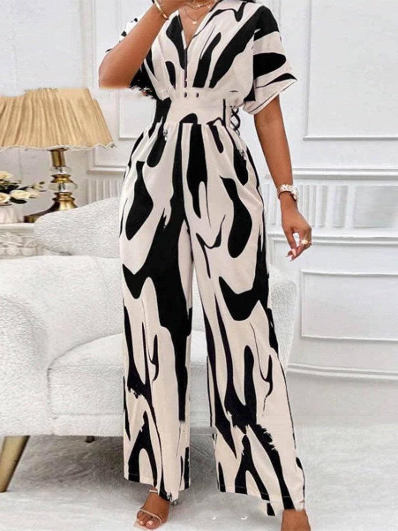 V-neck Loose Printed Long Jumpsuit-3