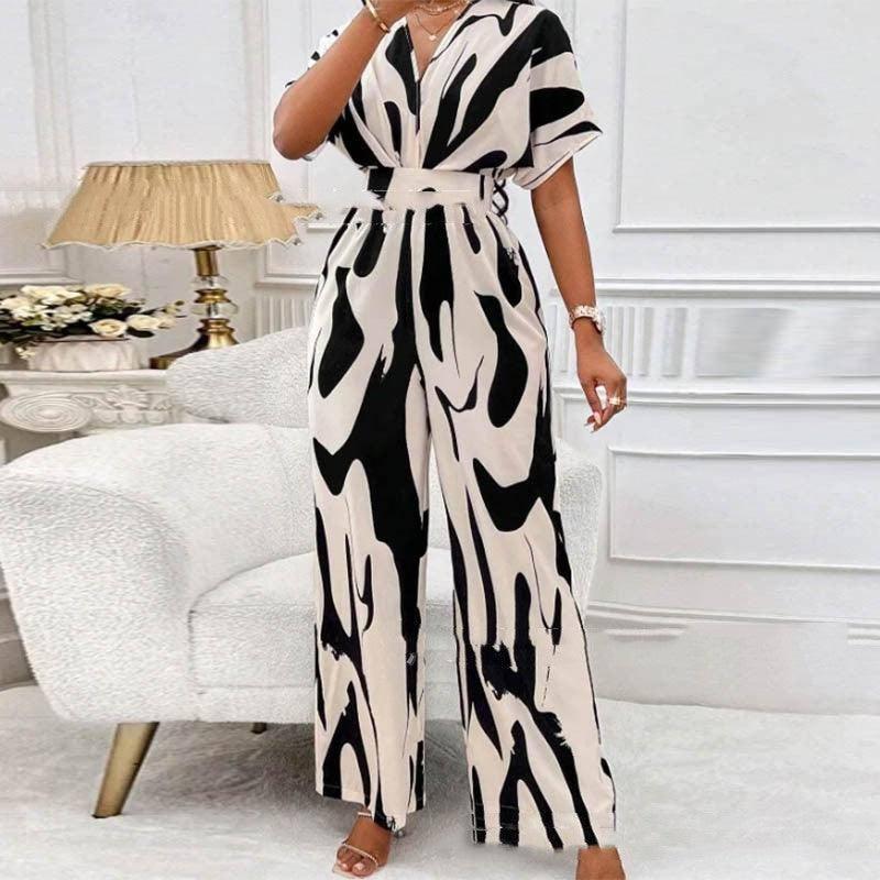 V-neck Loose Printed Long Jumpsuit-S-5