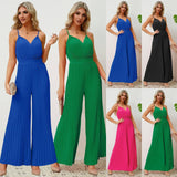 V-neck Suspender Pleated Jumpsuit Solid Color Loose Straight-2