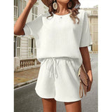 New Waffle Suit Women's Bat Sleeve Short-sleeved Crew-neck Top And Drawstring Design Shorts Fashion Two-piece Set Summer Clothing-White-10