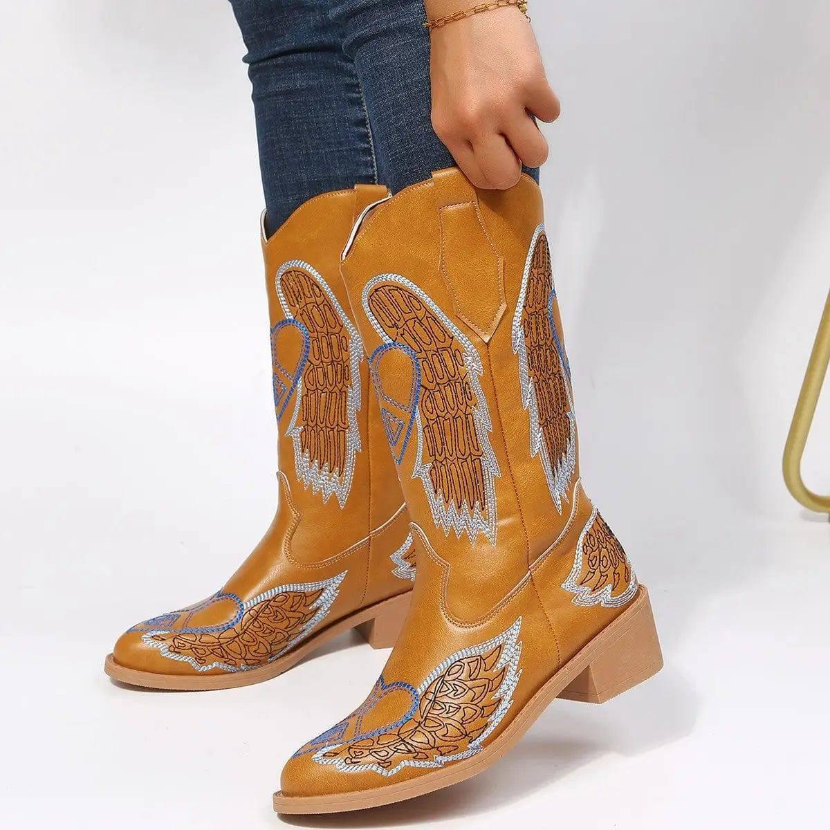 Western Cowboy Boots Women Wing Embroidery Shoes Low Heel-4