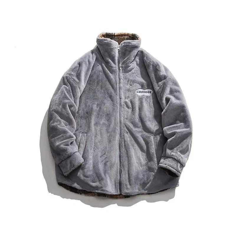 Winter lamb velvet stand collar cotton jacket-Grey-1