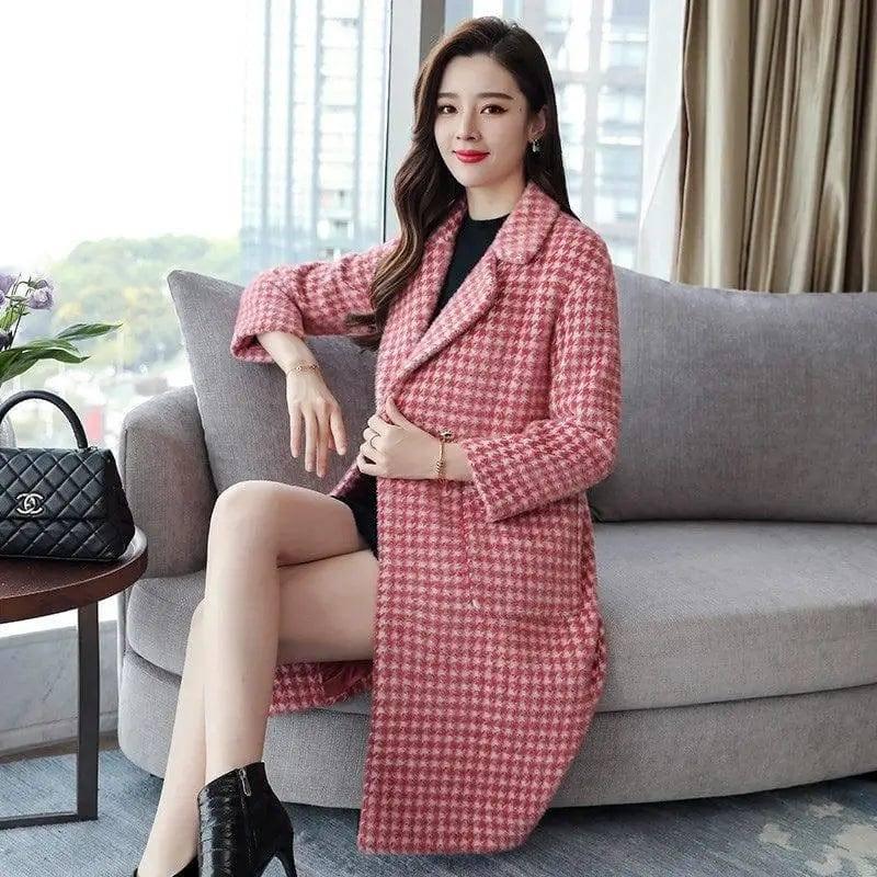 Winter mid-length plaid wool coat with POLO collar-Red-5