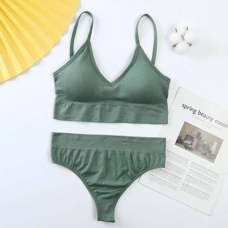 Women Bra Panties Set Push Up Sports Bra Set Sexy G-String-Green-4