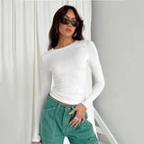 Women Casual Long Sleeve T-Shirts Spring Autumn Solid Slim-WHITE-10