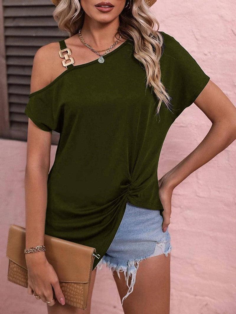 Women Clothes Off Shoulder Blouse Summer Irregular Design Tops Shirt-Army green-6