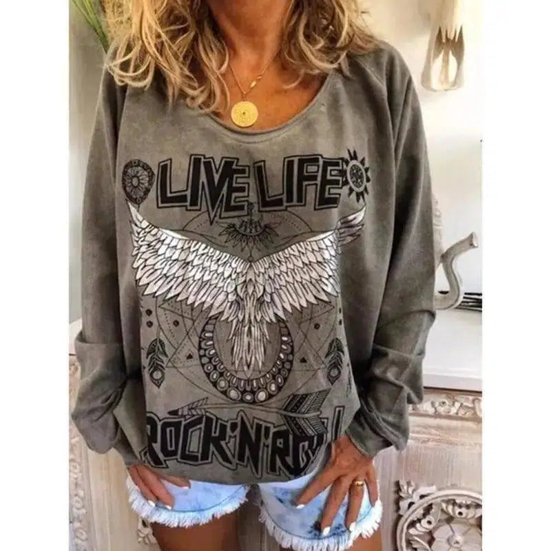 Women Loose Round Neck Printed Sweater-Grey-4