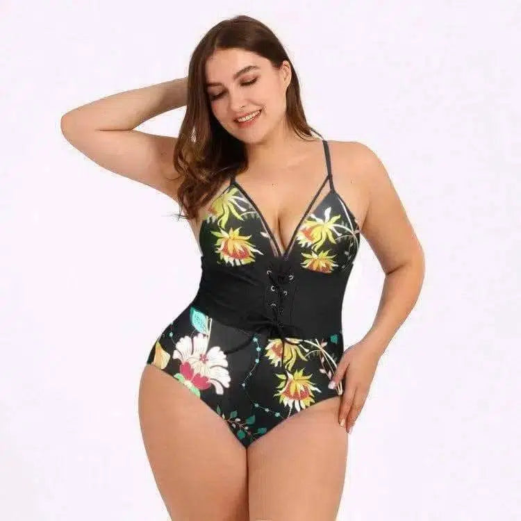 Women's Bikini Print Bouquet Waist Plus Size Swimsuit-A-1