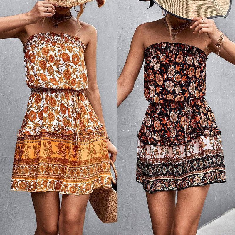 Women's Bohemian Floral Print Strapless Dress Summer Beach-2