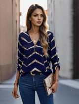 Women's Casual Long-sleeved V-neck Striped Shirt-Blue-7