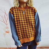 Women's Denim Sleeve Stitching Houndstooth Round Neck Long-Yellow-5