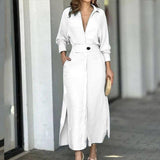 Women's Elegant Tied Solid Color Waisted Long-sleeved Shirt Dress-White-9