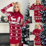 Women's Elk Christmas Tree Jacquard Long Sleeve Dress-1