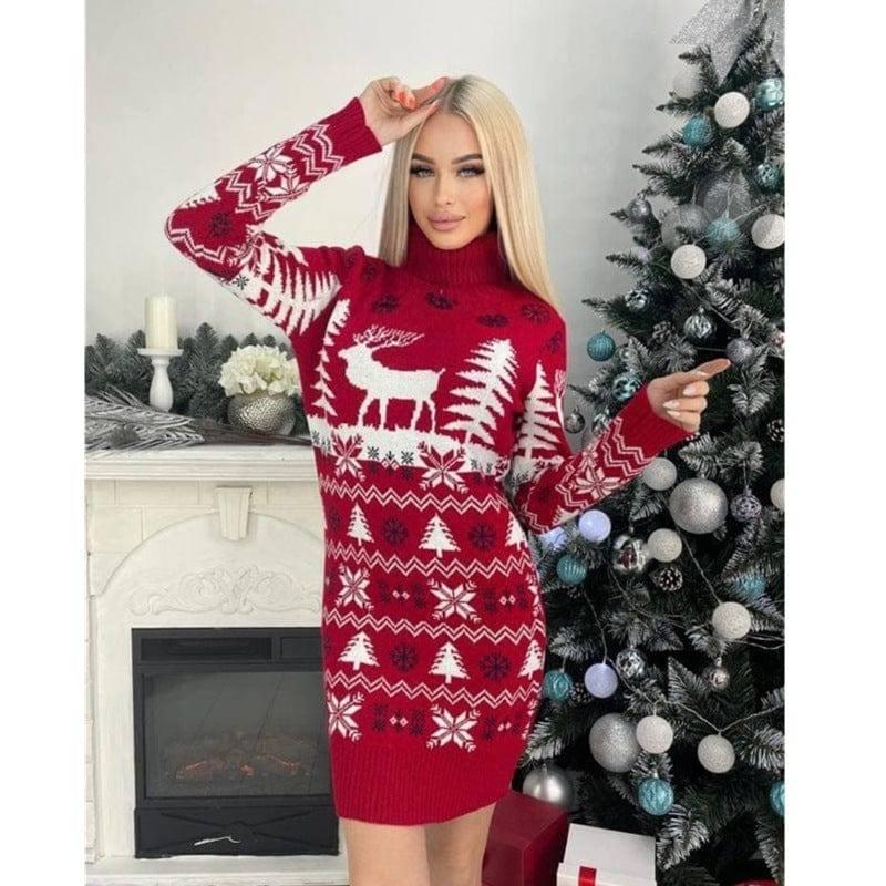 Women's Elk Christmas Tree Jacquard Long Sleeve Dress-7