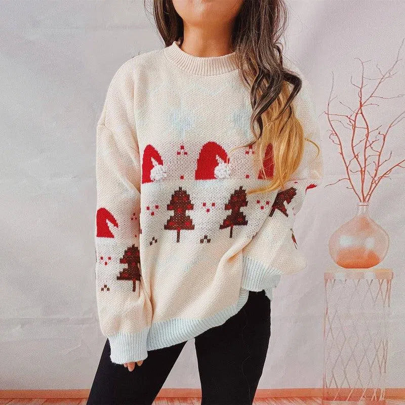 Women's Fashion Christmas Round Neck Long Sleeve Sweater-Beige-7