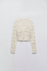 Women's Fashion Leisure Ripped Decorative Knitted Cardigan-Beige-6