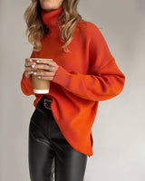 Women's Fashion Loose Turtleneck Sweater-Orange Red-4