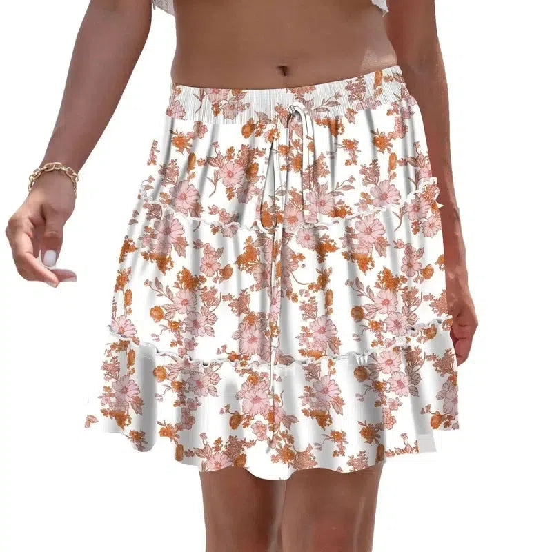 Women's Fashion Stitching Floral Skirt-White Background Pink Flower-2