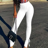 Women's Fashionable With Side-slit Tight High Waist Trousers-White-3