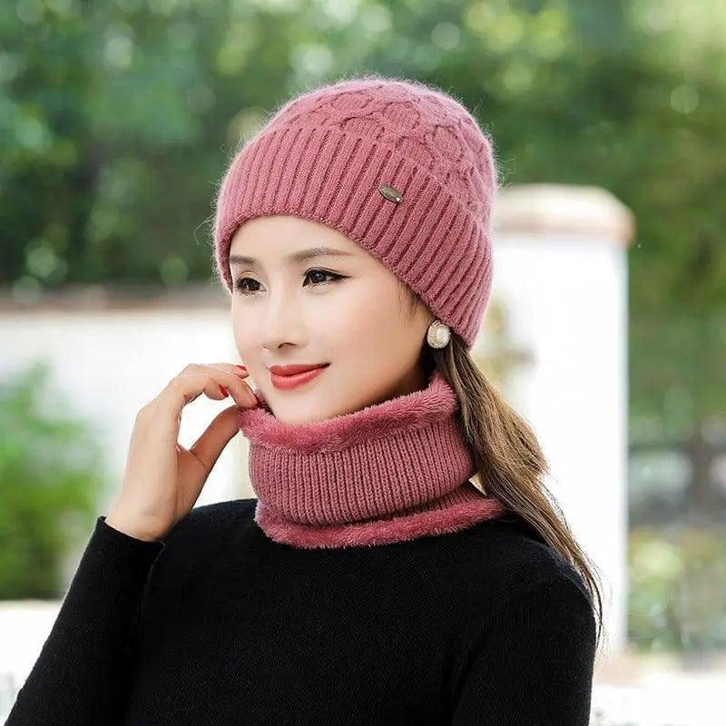 Women's Fleece Warm Wool Hat Scarf Suit-Pink-2