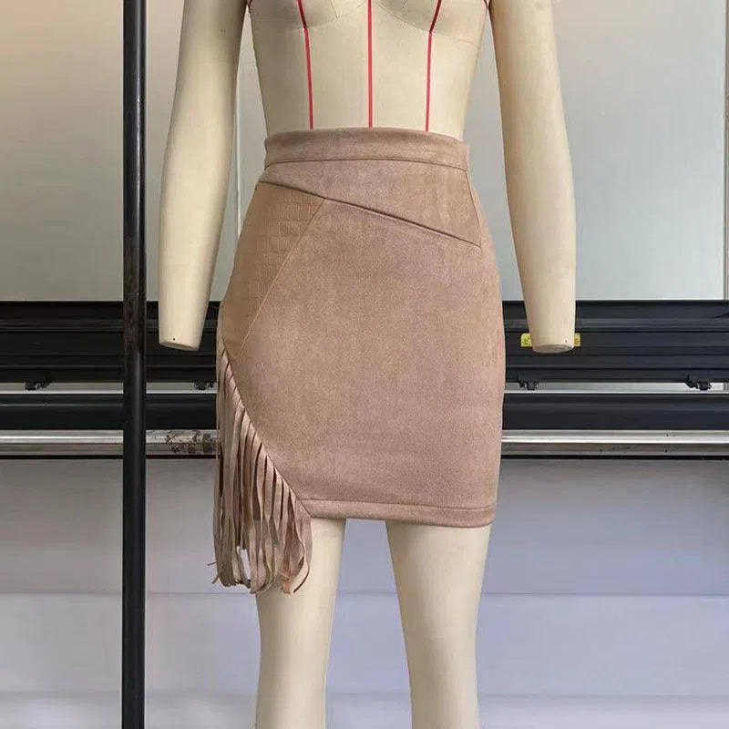 Women's Fringed Skirt Irregular High Waist Hip-Hugging Skirt Fashion Suede Short Dress-Brown-8