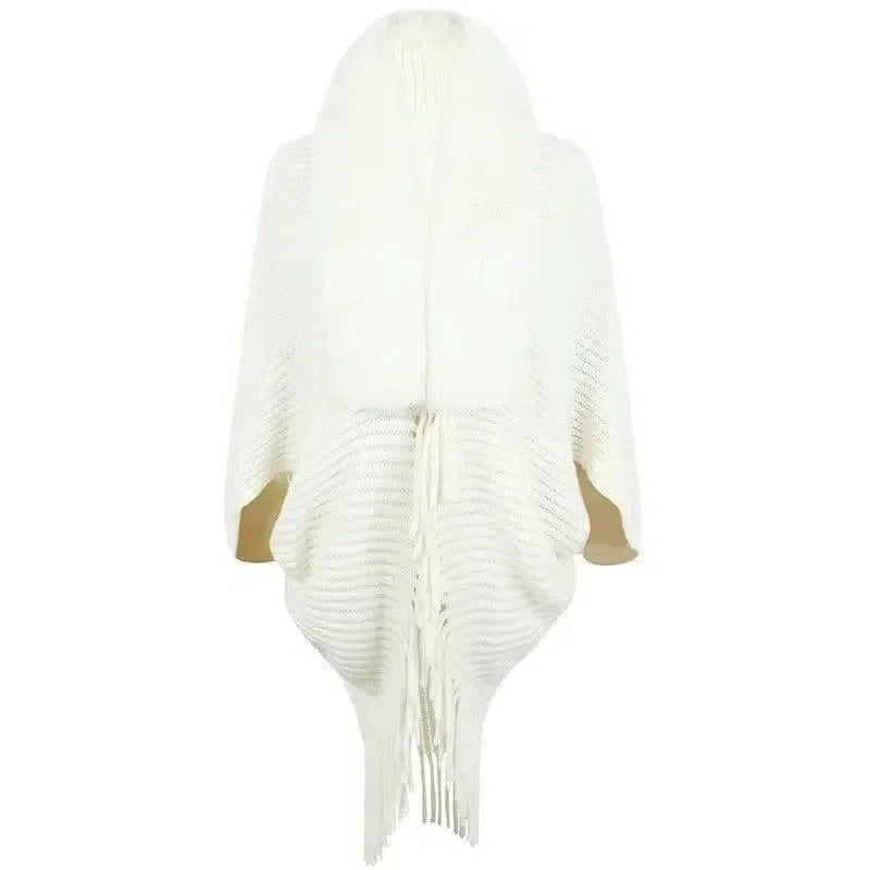 Women's Fur Collar Tassel Shawl Knitted-Beige-3