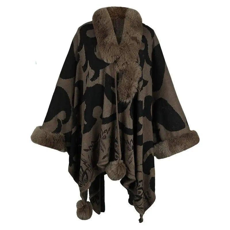 Women's Fur Collar Thickened Warm Shawl-Coffee-7