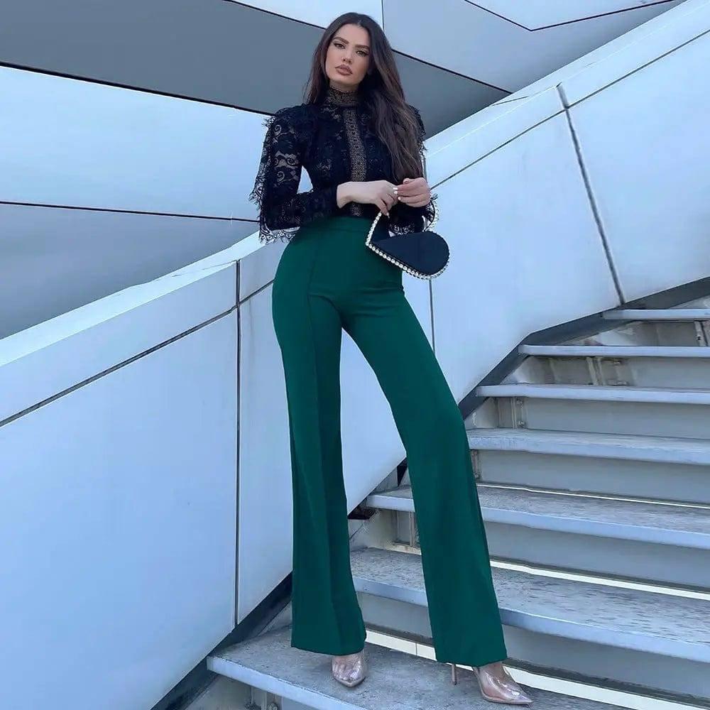 Women's High Waisted Flared Pants-Dark green-11