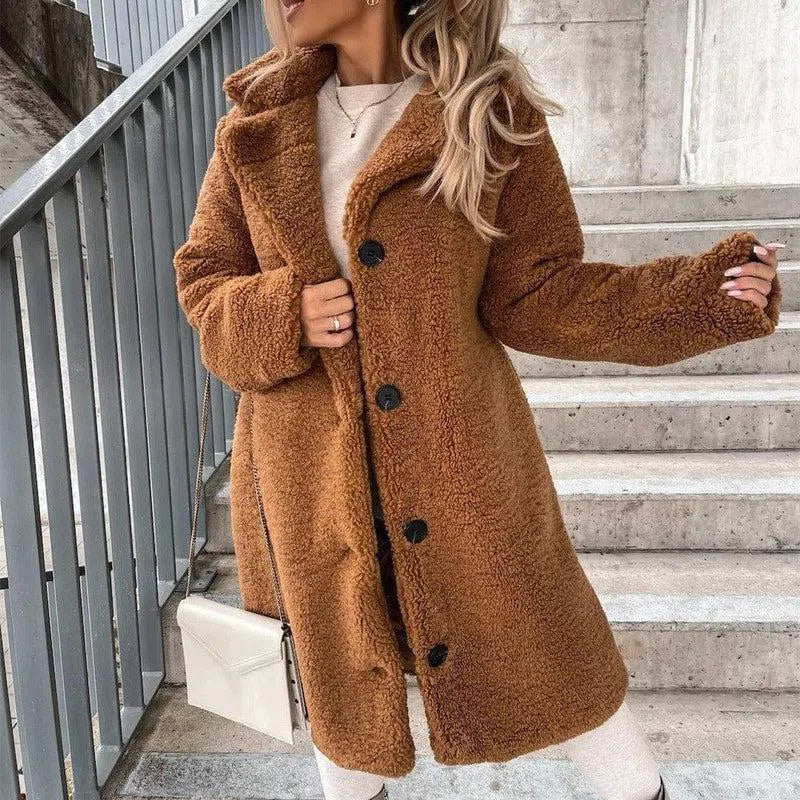 Women's Long-sleeved Lapel Plush Jacket Top-Brown-5