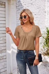 Women's Short-sleeved T-shirt Summer Button Square Collar-Khaki-6