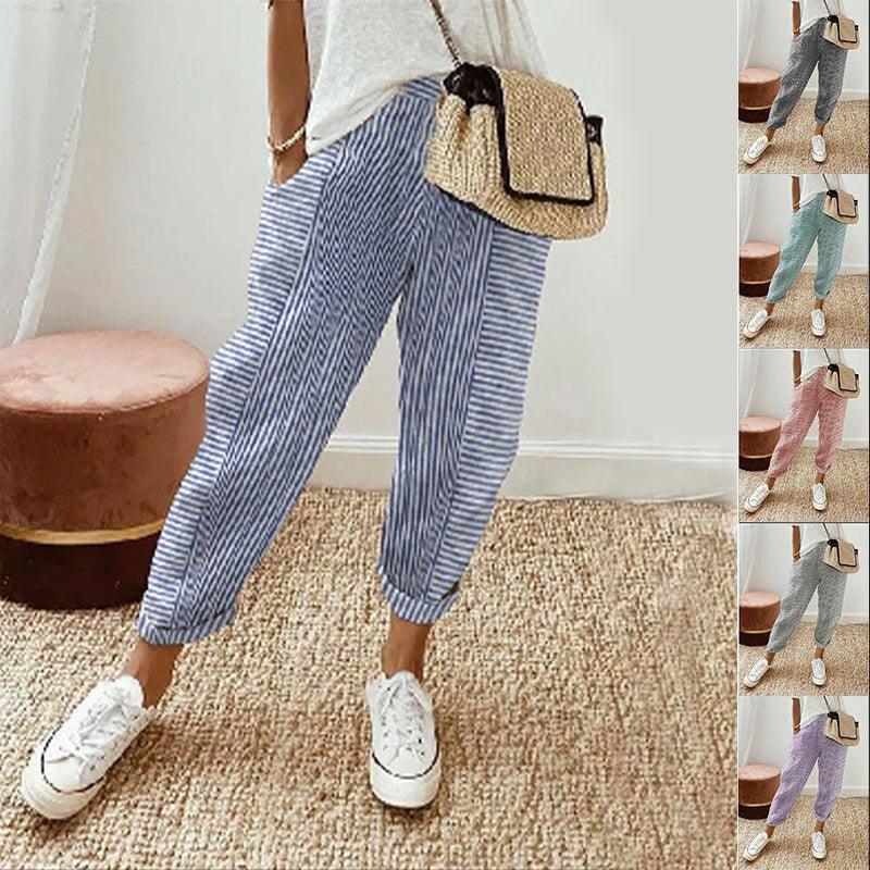 Women's Striped Print Trousers Summer Fashion Casual Loose Light Green / 3XL-1