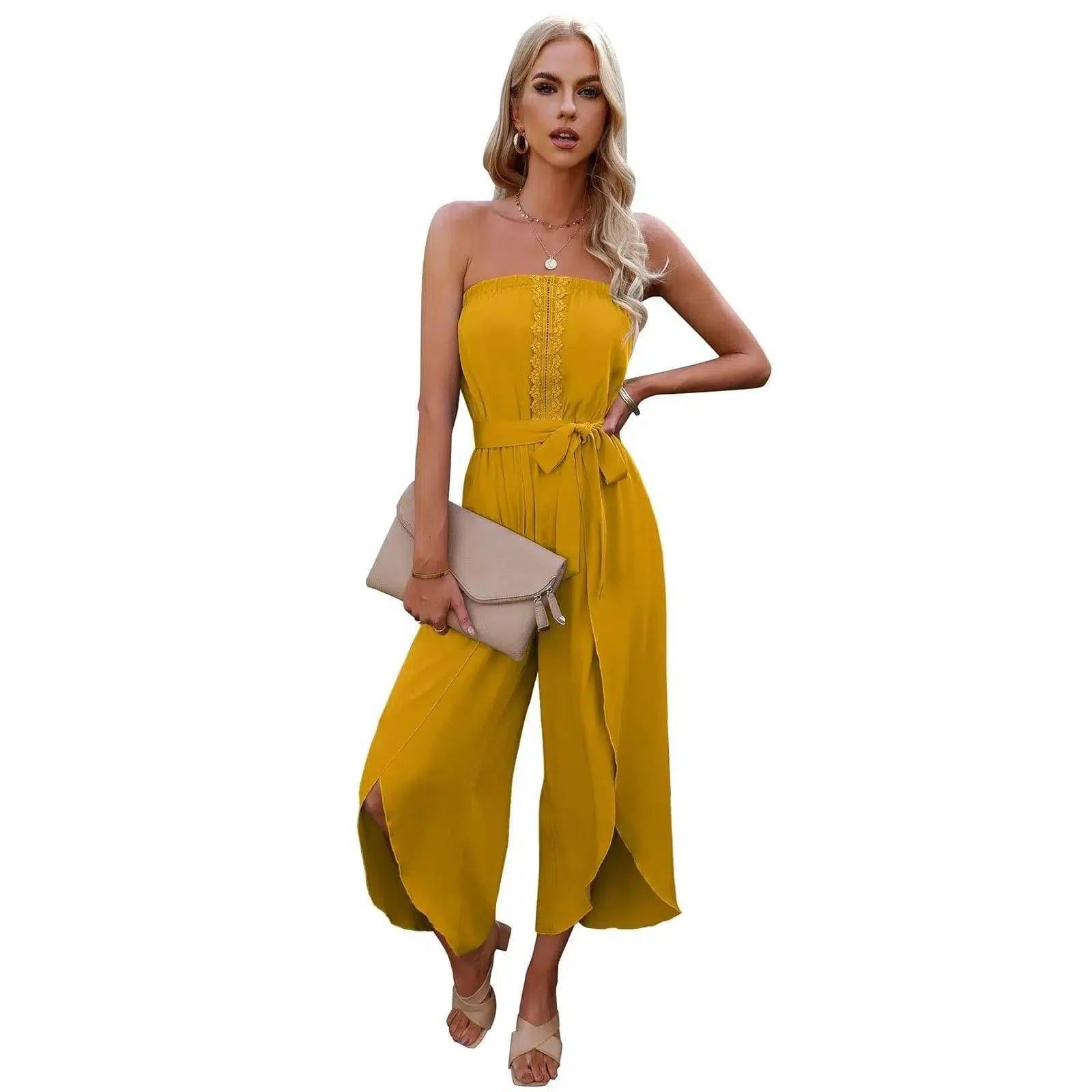 Women's Summer Ninth Loose Jumpsuit Wide Leg Pants-Turmeric-5