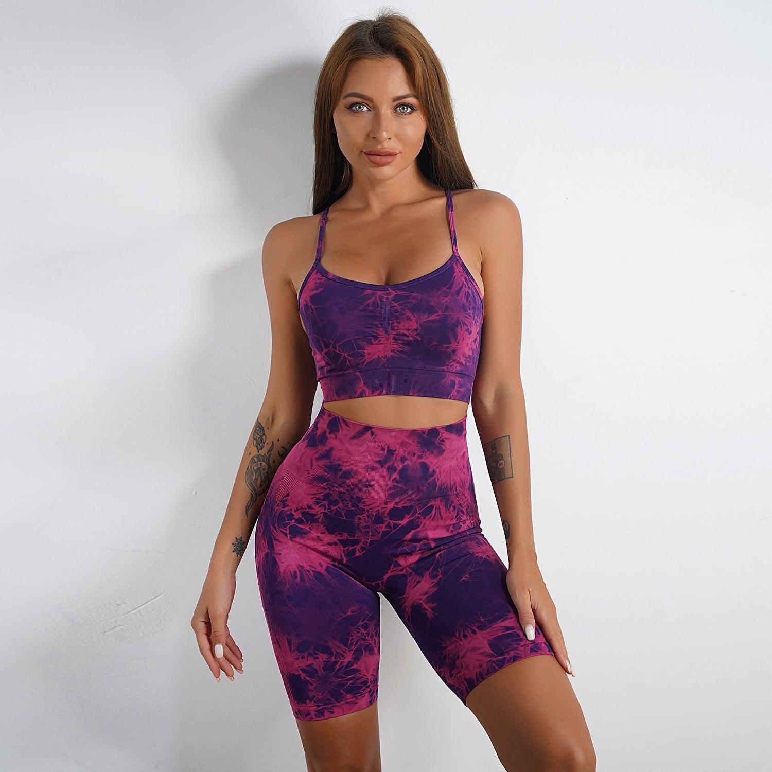 Women's Tie-dye Print Yoga Suit Women Fitness Sports High-Purple red shorts suit-12