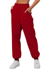 Women's Trousers With Pockets High Waist Loose Jogging Sports Pants Comfortable Casual Sweatshirt Pants-Red-5