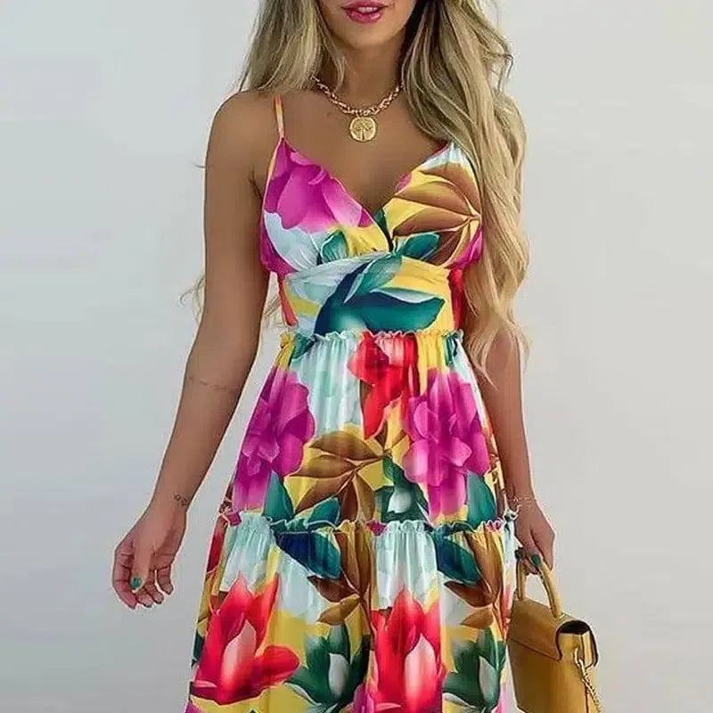 Women's V-Neck Sling Print Long High Waist Swing Dress-2