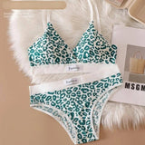 Women Seamless Bra Set Leopard V-neck Brassieres and Low-green leopard-10