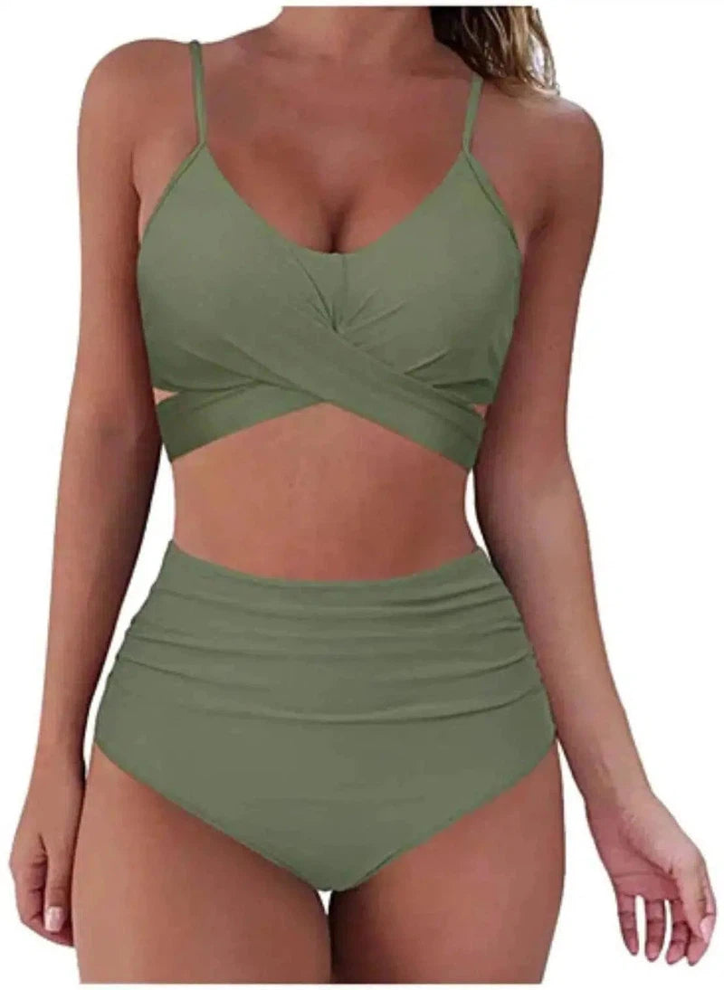 Women Soild Print Bikini Set Push Up Bathing Swimwear-Green-3