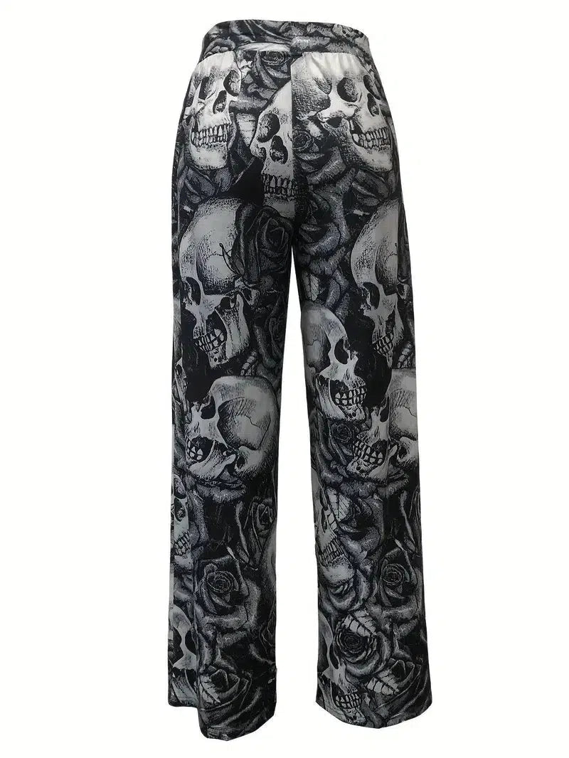 Women Stylish Skulls Printed Wide Leg PanT With Pockets Red / M-6