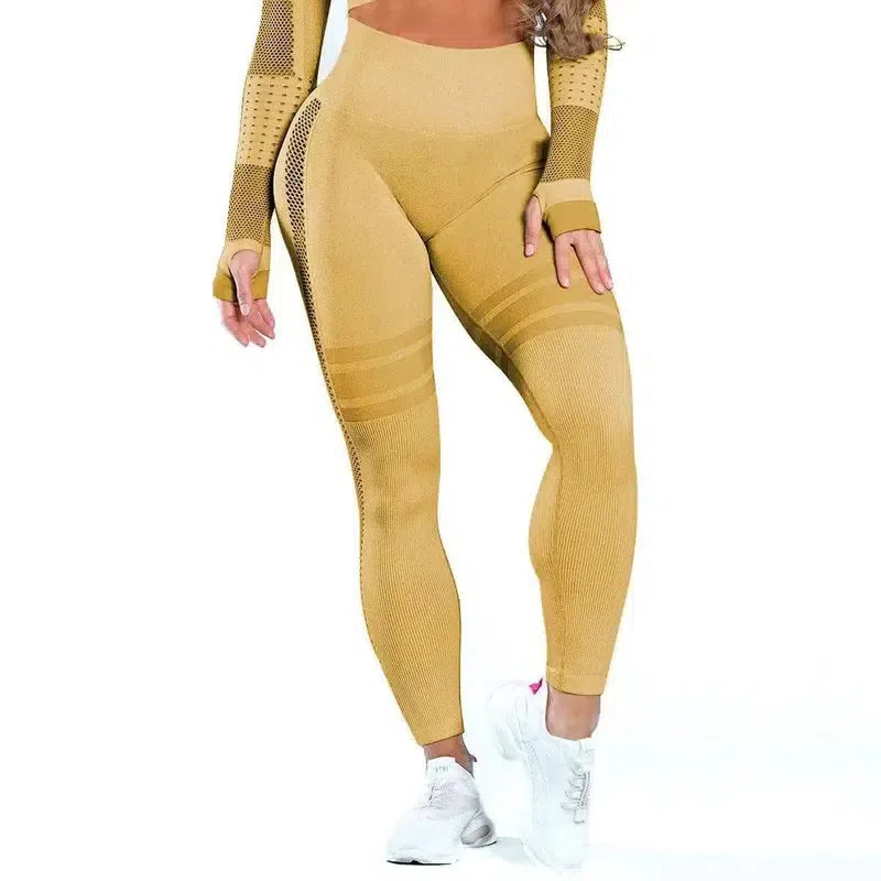 Yoga Crop Top Seamless Yoga sets-Yellow pants-30