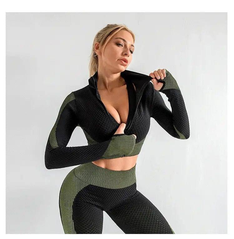 Zipper yoga suit-Green-7