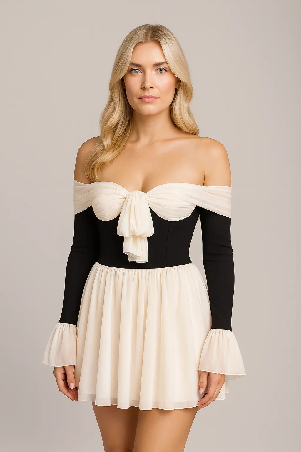 Damska dopasowana kolorystycznie sukienka z odkrytymi ramionami