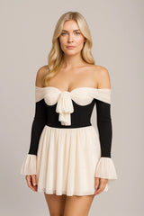 Damska dopasowana kolorystycznie sukienka z odkrytymi ramionami