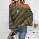 Women’s olive off-shoulder ribbed knit sweater – relaxed oversized fall top