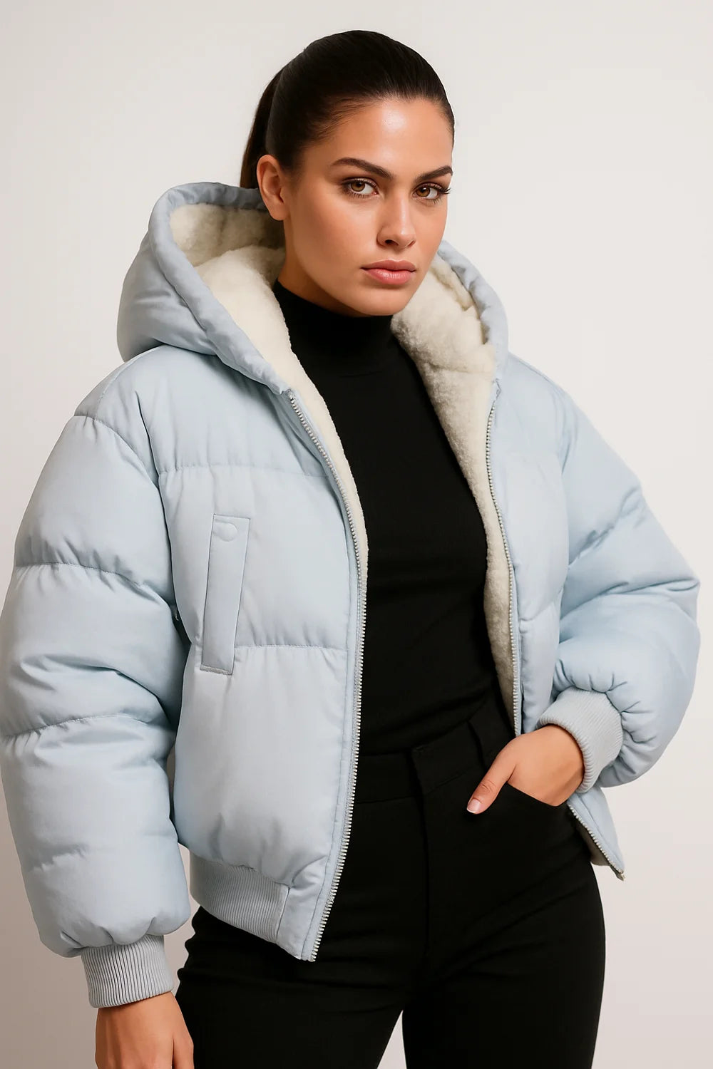 Light blue puffer jacket with hood and faux shearling lining, cozy winter outerwear for women.
