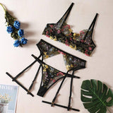 Sexy See-Through Yellow Garden Floral Bra Garter Belt Thong-Black-7