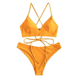 Solid Color Bikini Strappy Swimsuit-Yellow-11