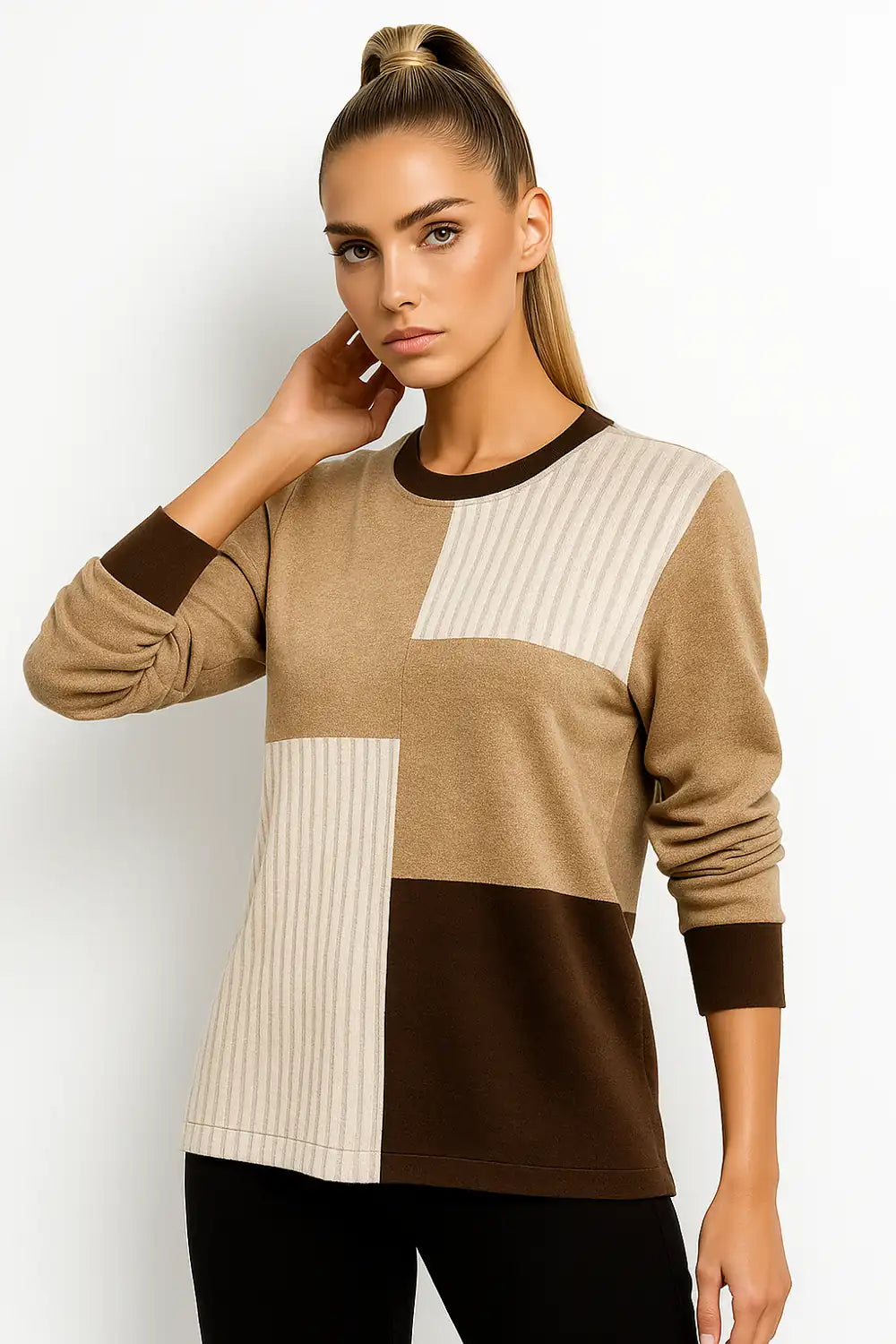Beige and brown colorblock sweater for women - modern geometric knit pullover