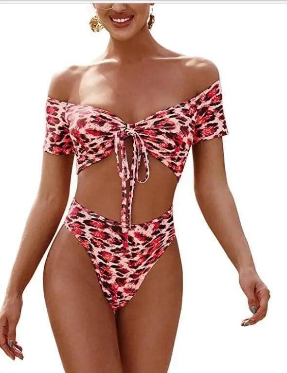 Swimsuit Bikini Leopard Print Strap High Waist Tube Top-F-5