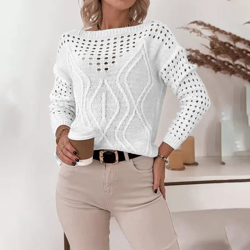 White open-knit sweater for women with textured pattern — lightweight long-sleeve top